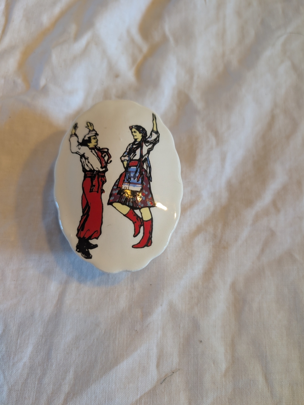 2/30$ Vintage White Porcelain Trinket Box with Red Folk Dance Illustration